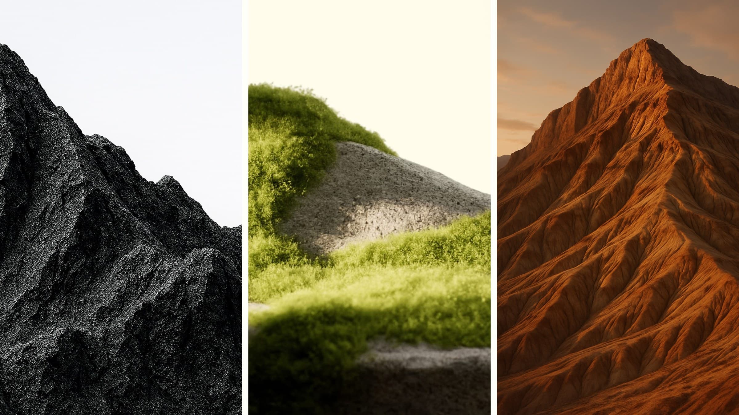 Three mountains for three levels: dark stone, moss and earth