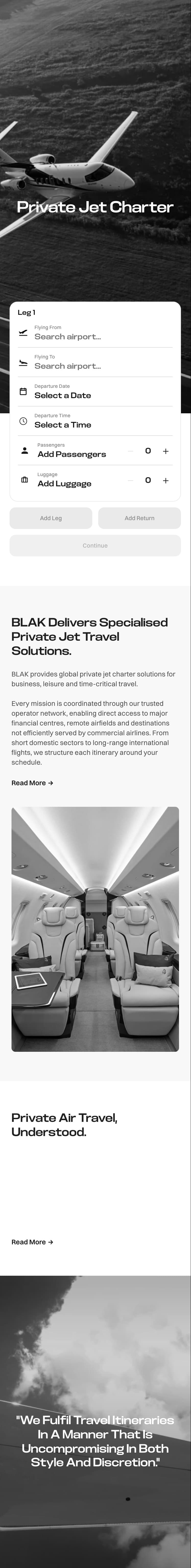 Private jet charter page on mobile