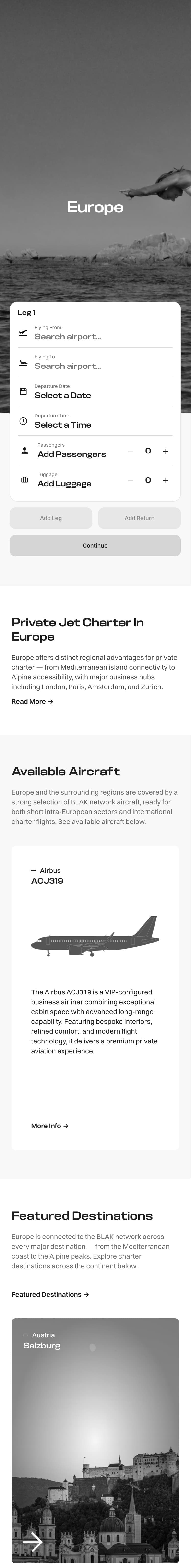 Europe destinations page on mobile