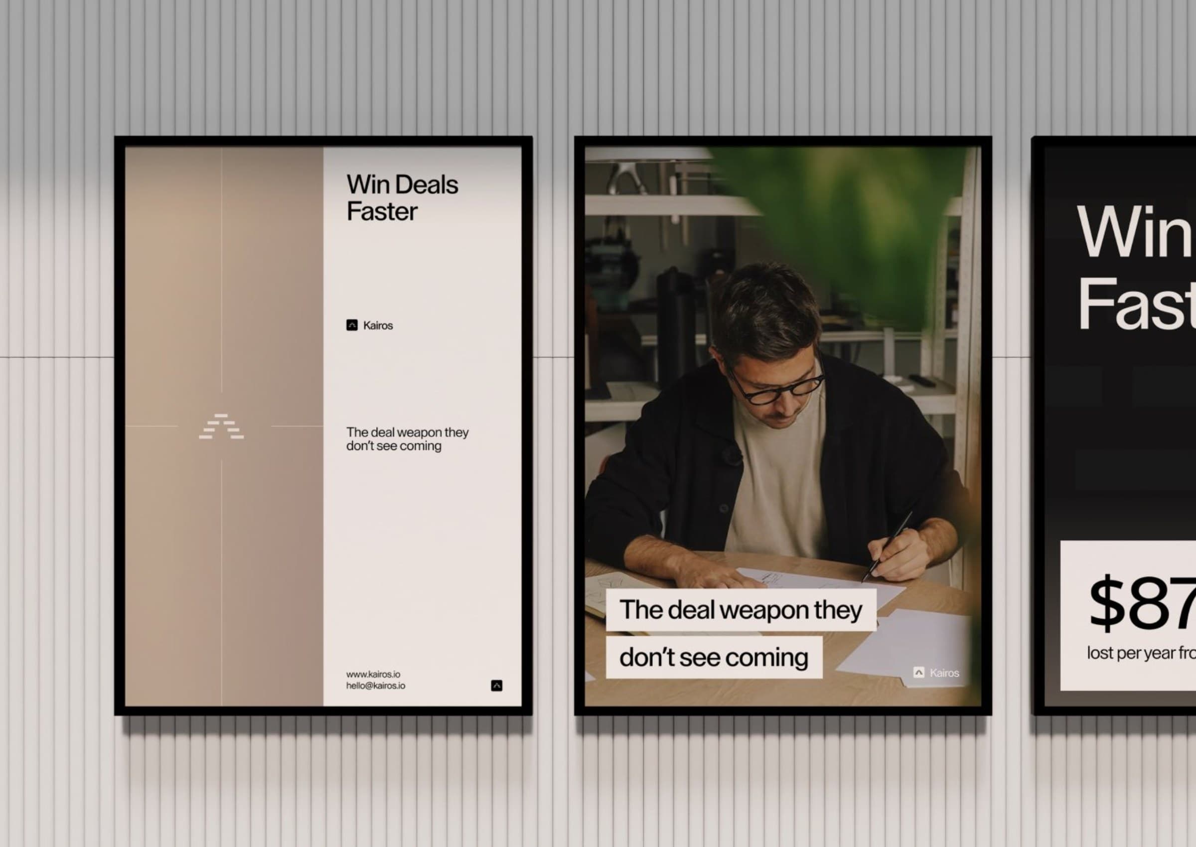 Three Kairos campaign posters on a ribbed wall