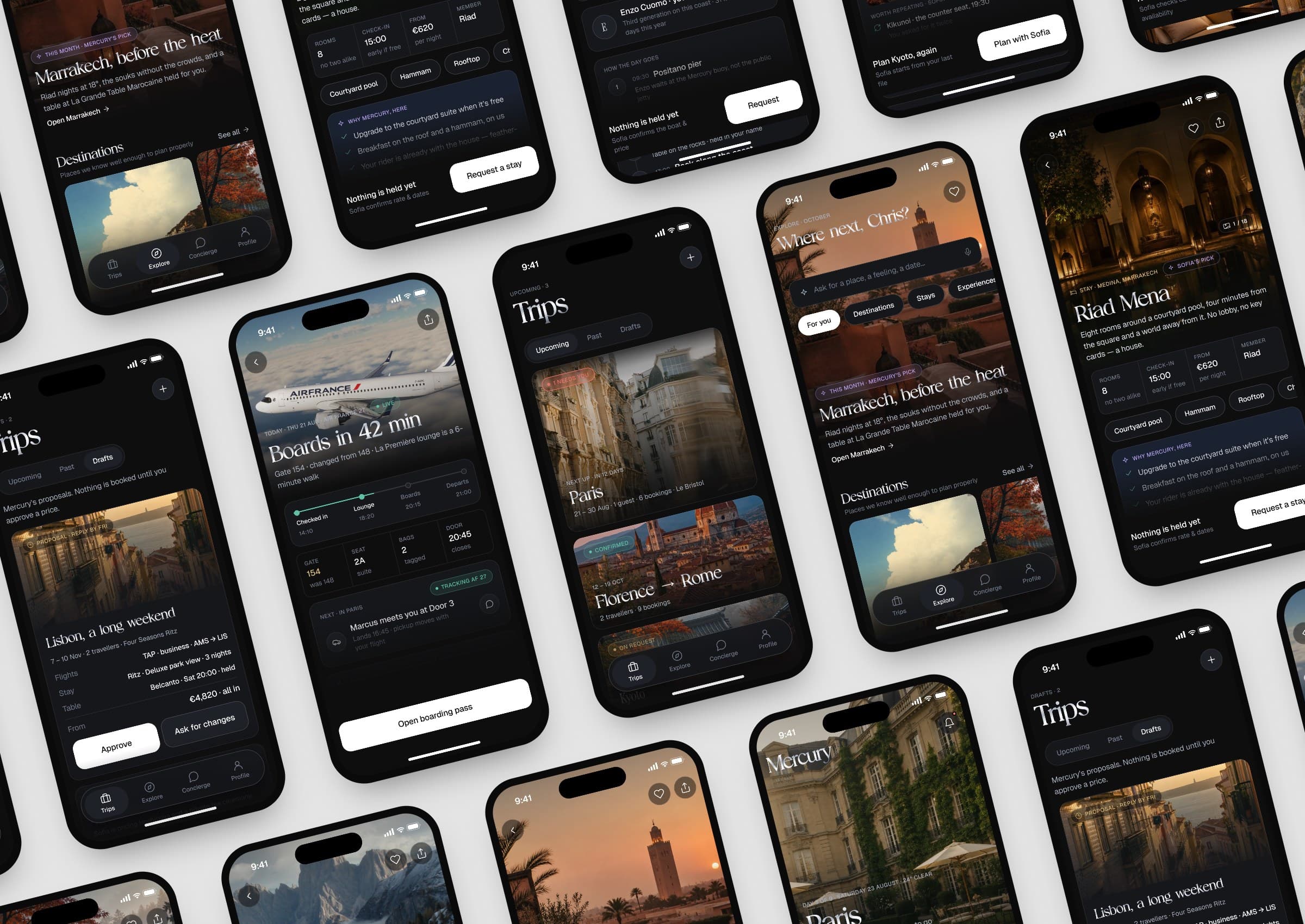 Mercury app screens laid out in rows