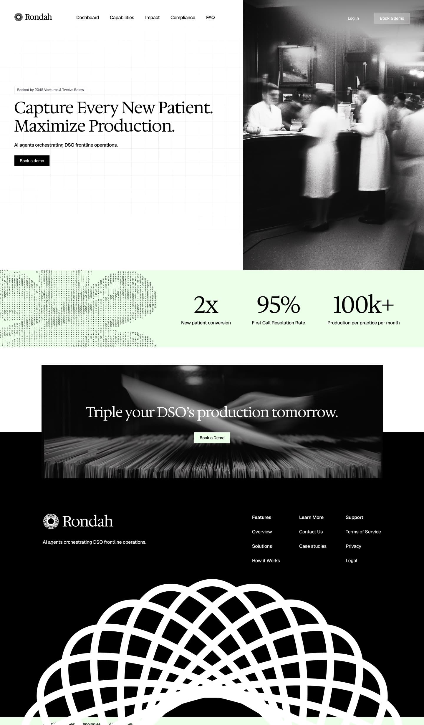 The Rondah homepage, from the hero to the footer