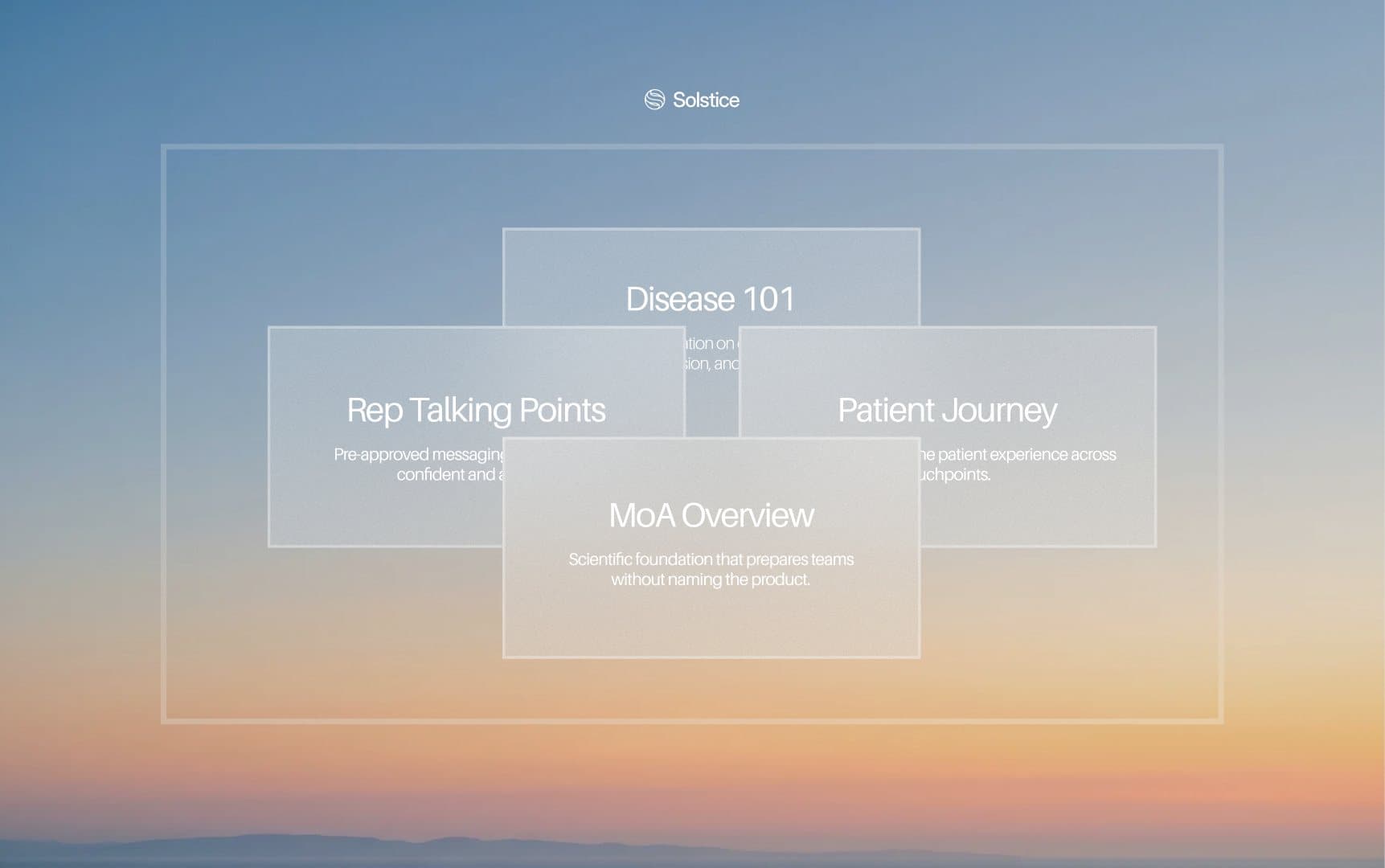 Glass UI: launch content stacked over a sunset